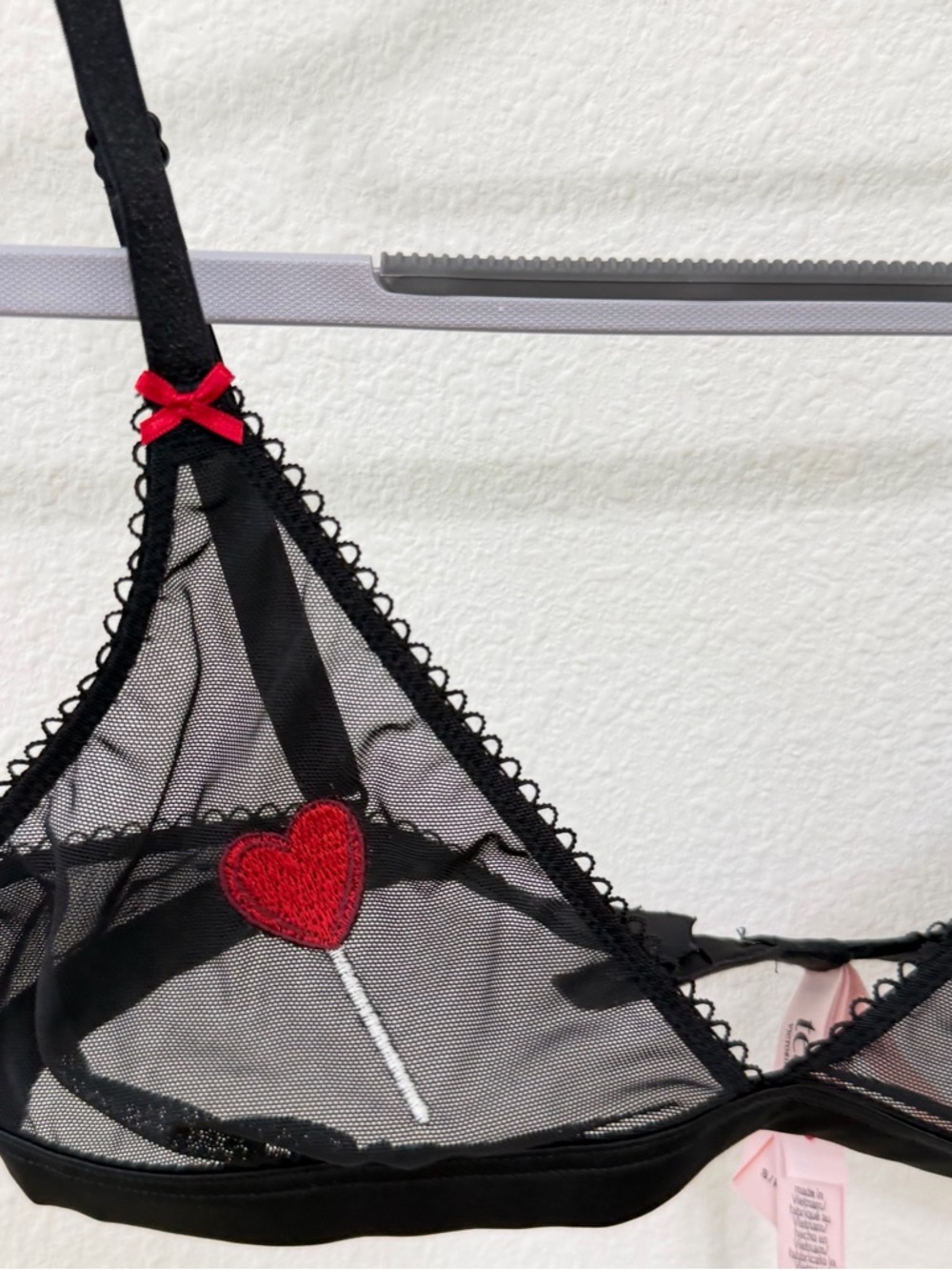 Small VS unlined Mesh Demi bra Black Embroidered Heart Lollipop - Picture 6 of 14